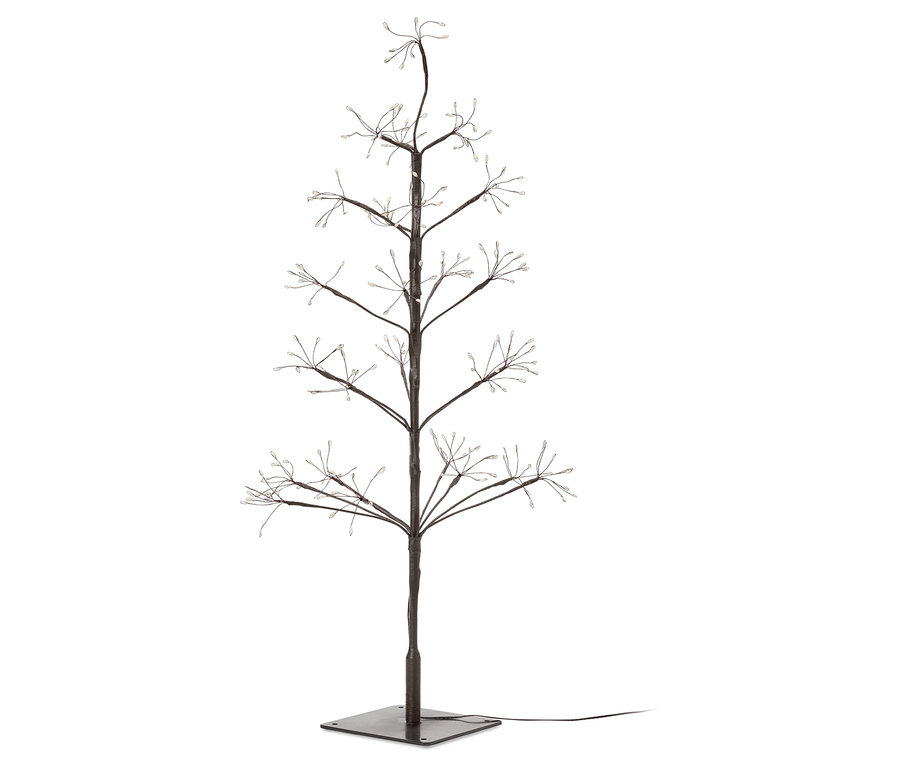 Dekoratív fa barna törzzsel és ágakkal, melyek végén kis fények vannak, egy négyzet alakú talapzaton áll.