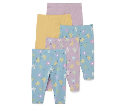 Öt leggings: világos lila, sárga, kék pillangókkal és pöttyökkel, és lila pillangókkal és pöttyökkel.