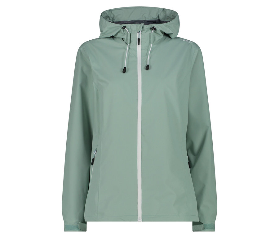 Világoszöld esőkabát kapucnival és fehér cipzárral.