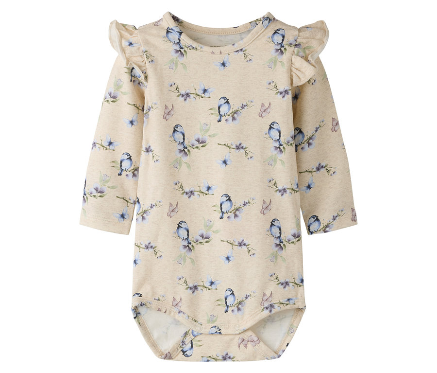 A bézs színű, hosszú ujjú NAME IT body madarakkal, pillangókkal és virágokkal van nyomtatva.