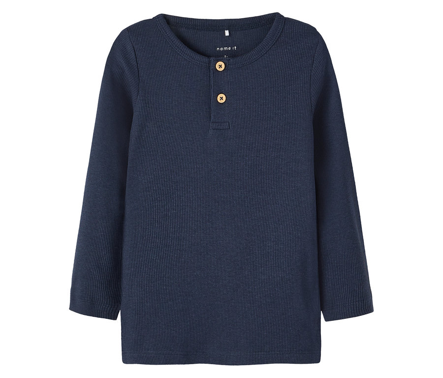Két gombbal ellátott, tengerészkék, bordás kötésű, hosszú ujjú NAME IT felső.