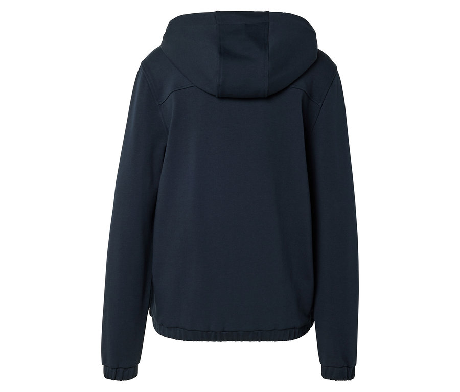 Hátulnézet egy sötétkék, hosszú ujjú kapucnis pulóverről.