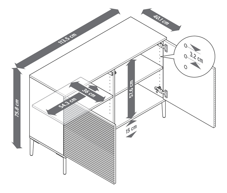 Felülnézet a »REET« lamellás hatású alacsony komódról, méretekkel.