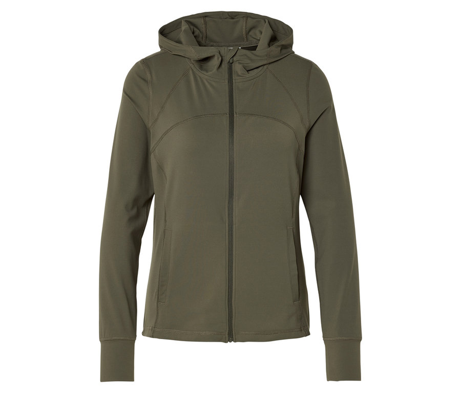 Zöld, kapucnis, cipzáras sportdzseki.