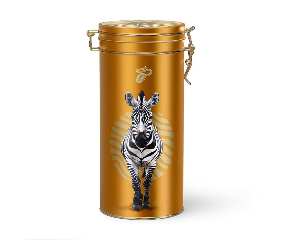 Arany színű kávésdoboz zebra mintával.