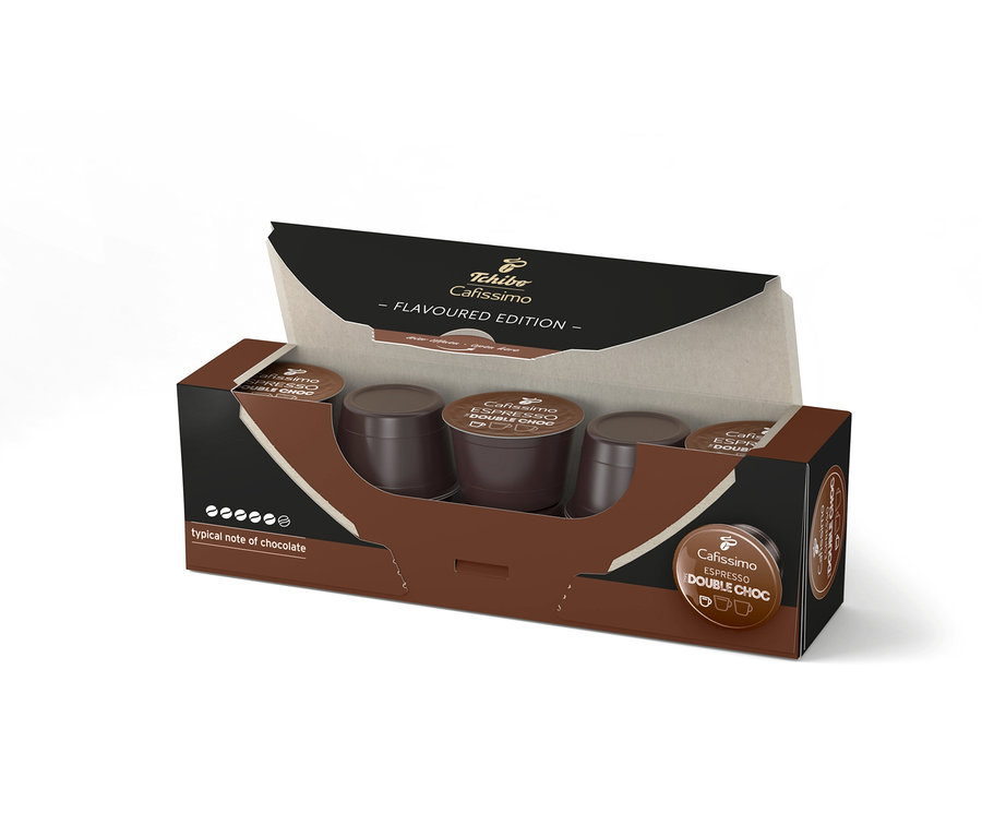 Nyitott Cafissimo Flavoured Espresso – Double Choc kapszulacsomag, kapszulákkal a csomagban.