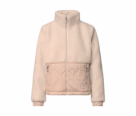 Street One átmeneti kabát krém és világos rózsaszín színben, bolyhos felsőrésszel és steppelt alsórésszel, teljes cipzárral és két cipzáras zsebbel.