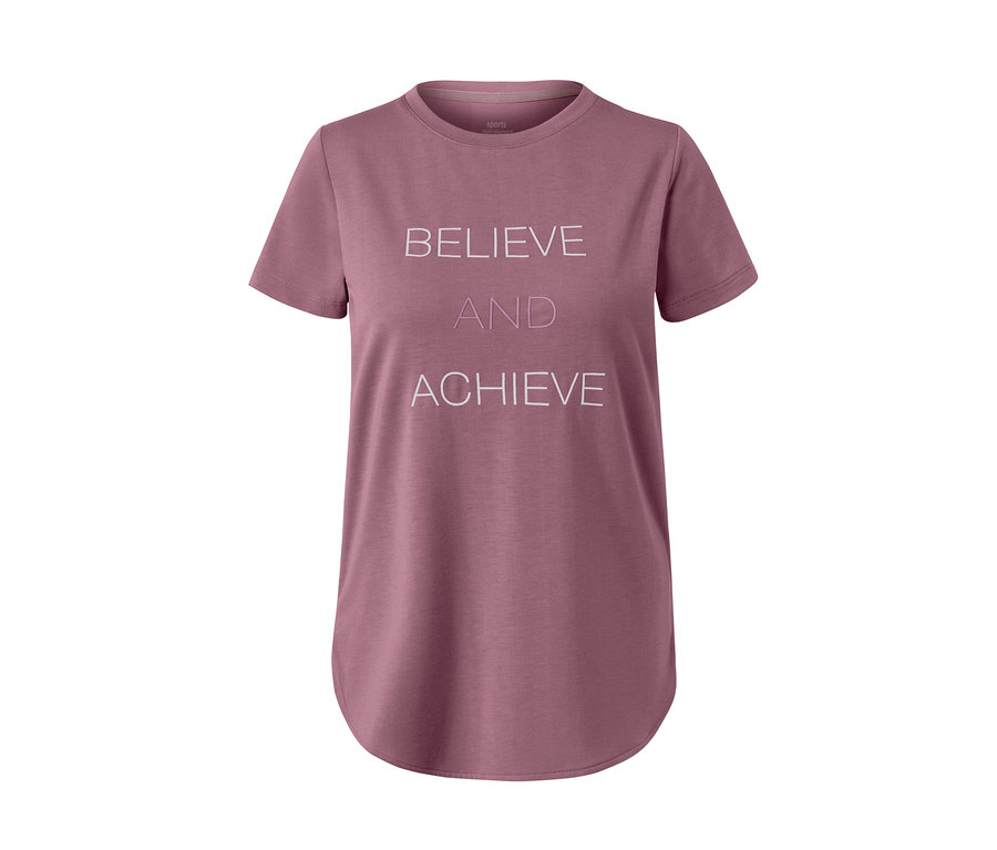Rózsaszín női sportfelső "Believe and Achieve" felirattal.