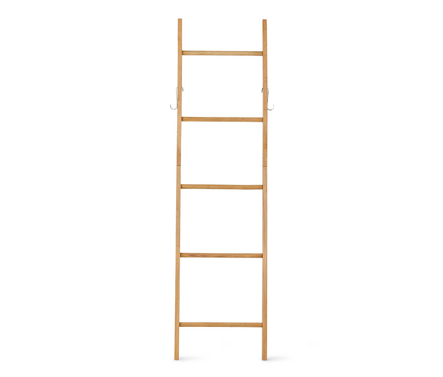 Törölközőtartó létra fából, öt fokkal és két akasztóval.