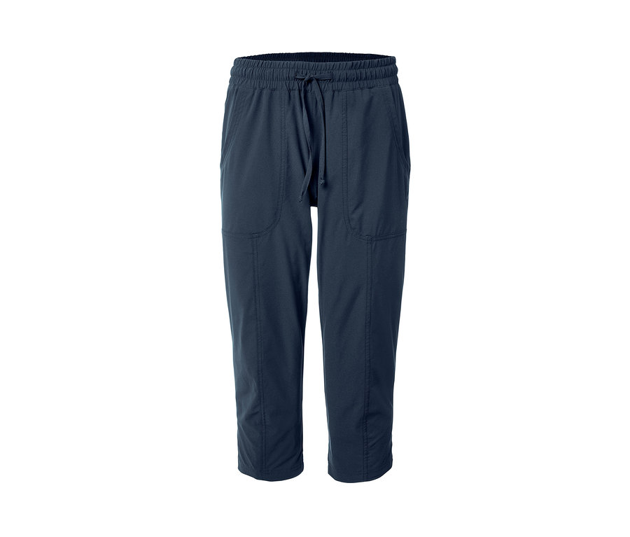 Sötétkék softshell funkcionális capri nadrág elasztikus derékpánttal és húzózsinórral.