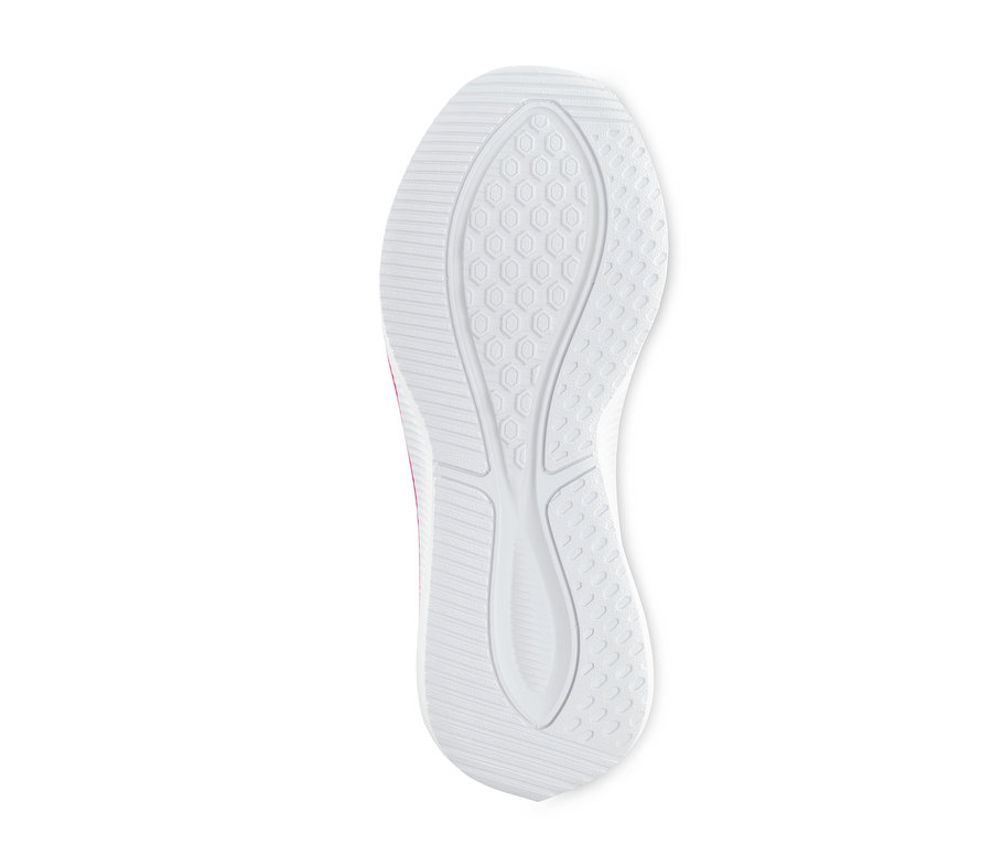 Egy sneaker cipőtalpa fehér, geometrikus mintázattal.