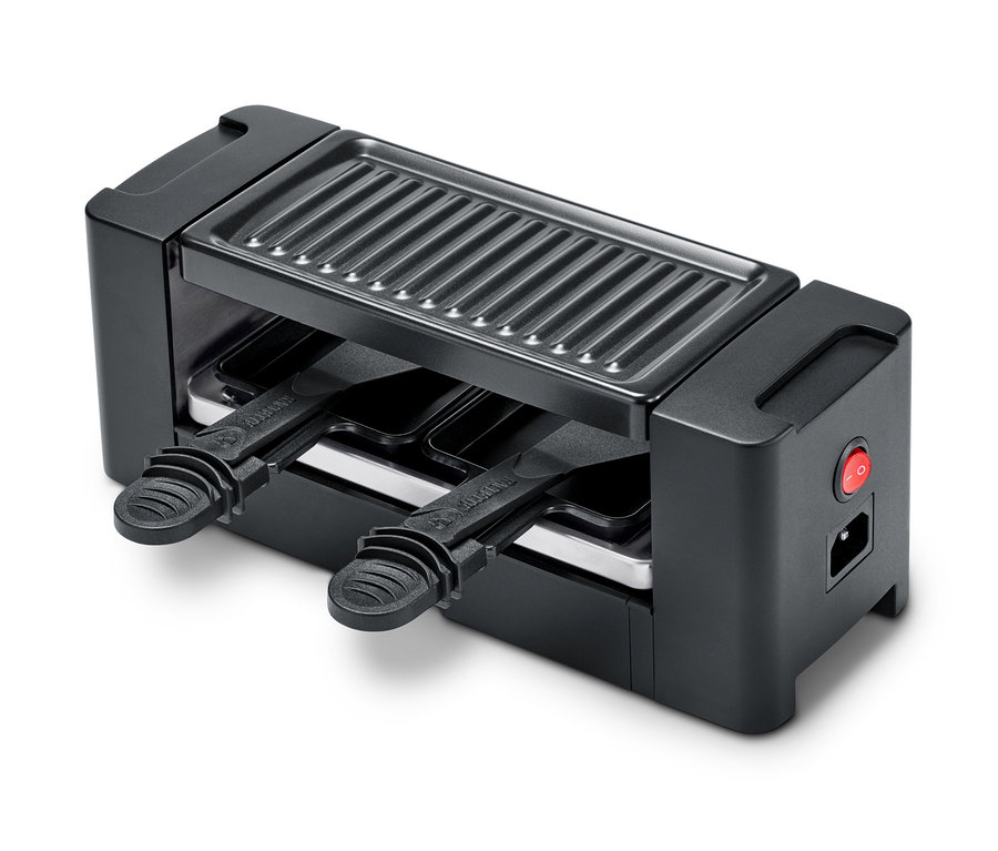 Kétszemélyes raclette grill részletes képe fekete színben.