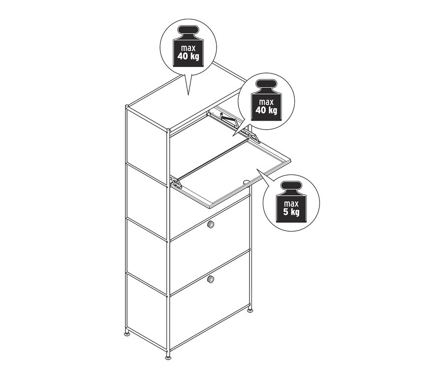 Egy magas fémpolc rajza, 4 ajtóval, az egyik ajtó nyitva.