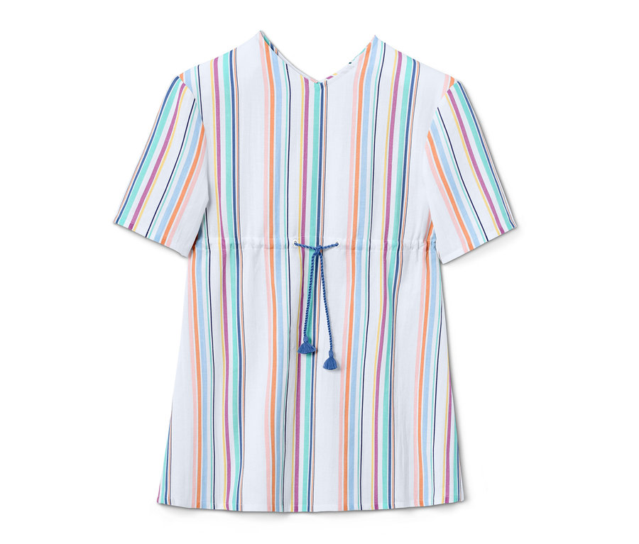 Csíkos, bio pamut kaftán kék húzózsinórral a derékrészen.