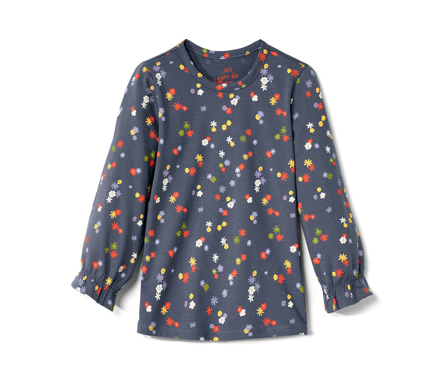 Virágmintás, sötétkék kislány hosszúujjú felső.