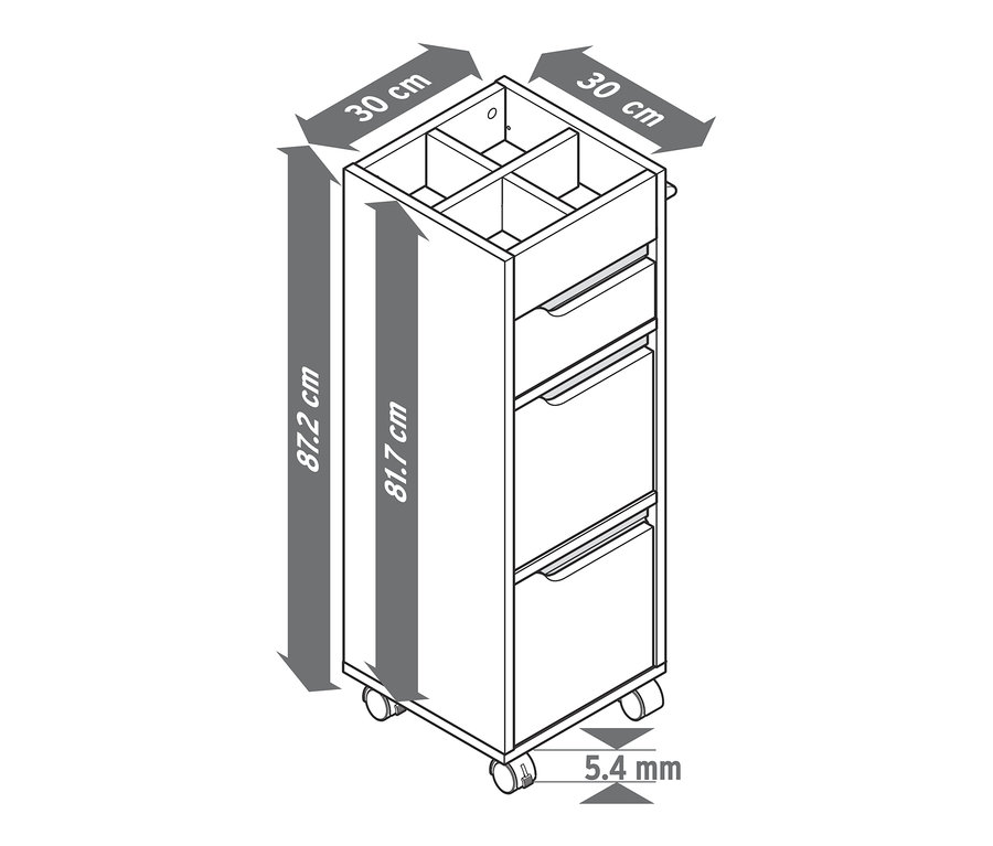 Fürdőszobai gurulós kisszekrény méretekkel.