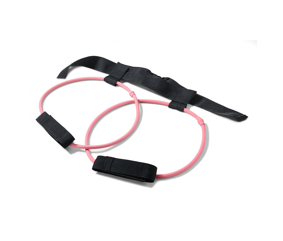 Rózsaszín derékra rögzíthető fitnesz gumikötél fekete pántokkal.
