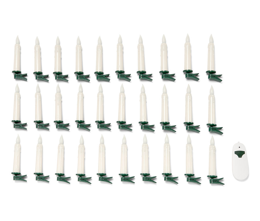 30 LED-es karácsonyfagyertya több sorban elrendezve, egy távirányítóval együtt.