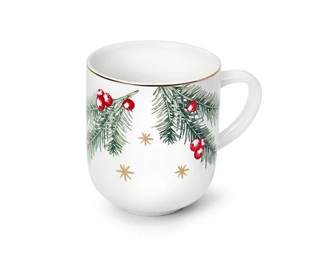 Nagyméretű, arany dekorral díszített bögre ágakkal és bogyókkal.