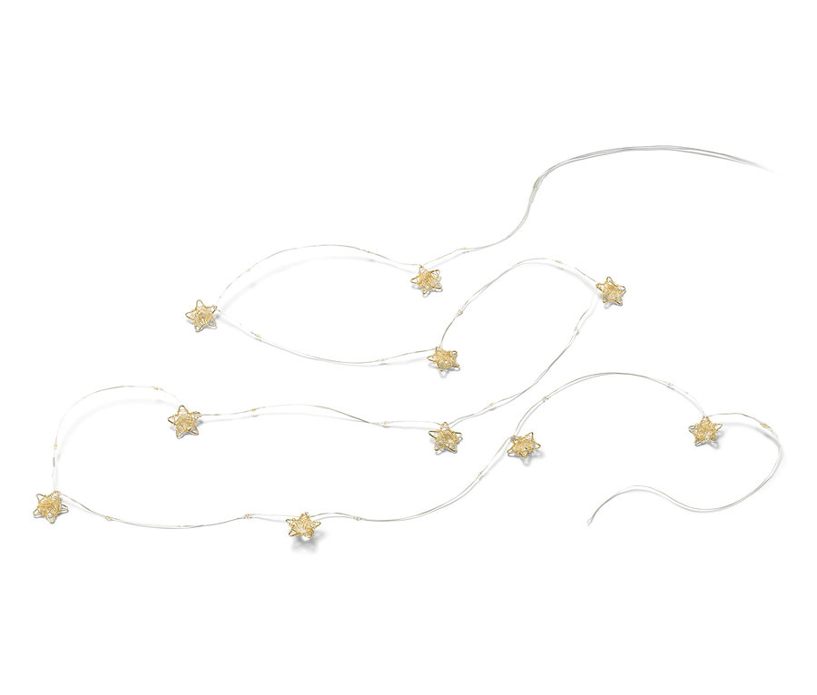 Egy LED fényfüzér csillagokkal fehér háttér előtt.