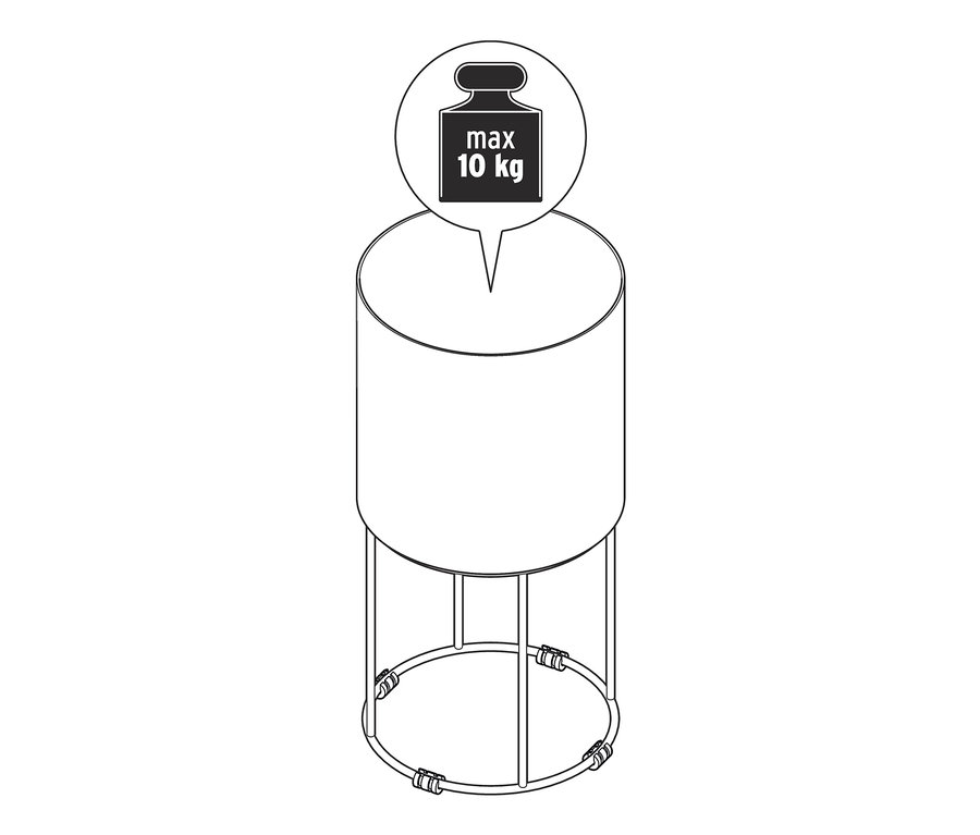 Illusztráció egy kerek növénytartóról, melynek maximális terhelhetősége 10 kg.