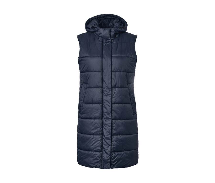 Egy sötétkék, hosszú steppelt mellény.