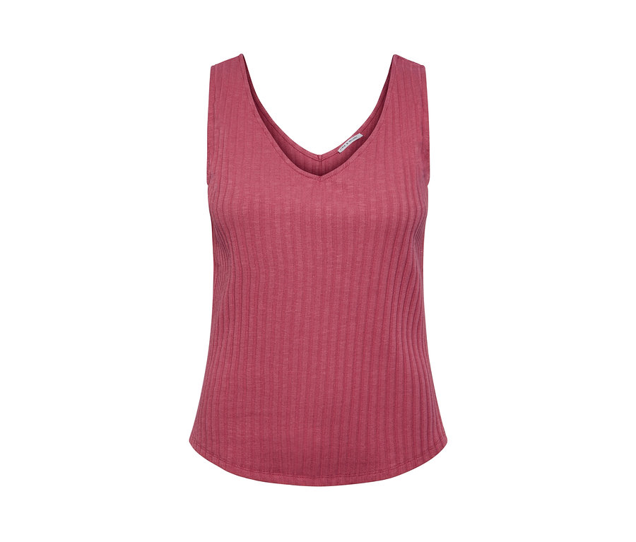 Egy málnaszínű, bordás kötésű, V-nyakú női top közelképe.