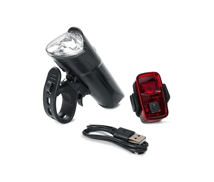 A kerékpár világítás szett egy első fehér lámpából, egy hátsó piros lámpából és egy USB töltőkábelből áll.