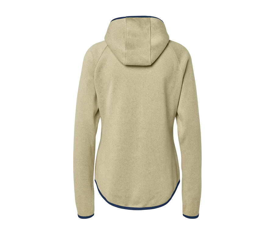 Hátulnézet egy sárga kötött polár pulóverről kapucnival.