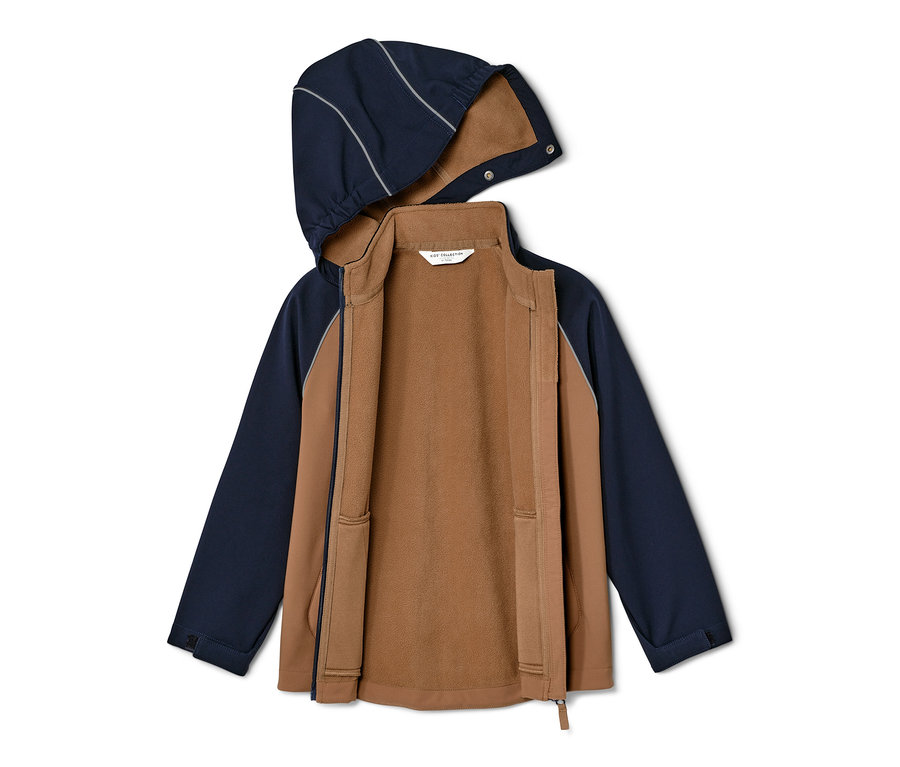 Nyitott, kapucnis gyerek softshell dzseki kék és barna színben.