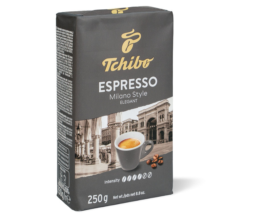 Tchibo Espresso Milano Style - 250g őrölt, pörkölt kávé csomagolása.