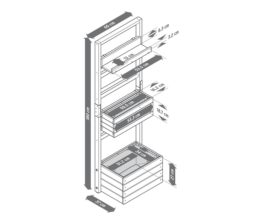 Az »Elin« ültetőládás fal vázlatos rajza tetszőlegesen felakasztható elemekkel és méretekkel.