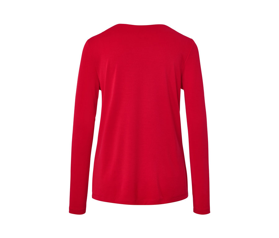 Piros, hosszú ujjú női pólóblúz hátulnézetből.