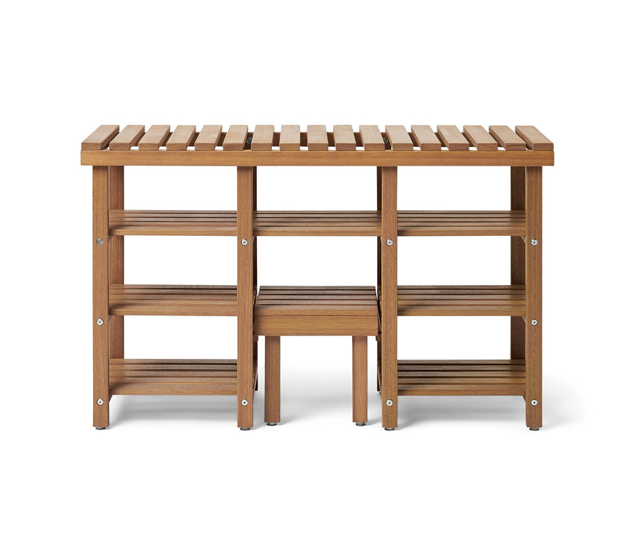 Magasított ülőpad cipőtárolóval, fa, barna színben.