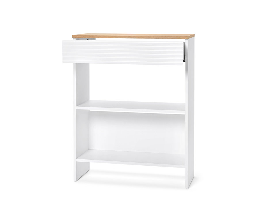 Konzolasztal részlete, fehér bútor fa asztallappal és nyitott polcokkal.