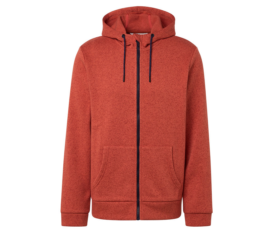 Narancssárga kapucnis pulóver, végig cipzárral.