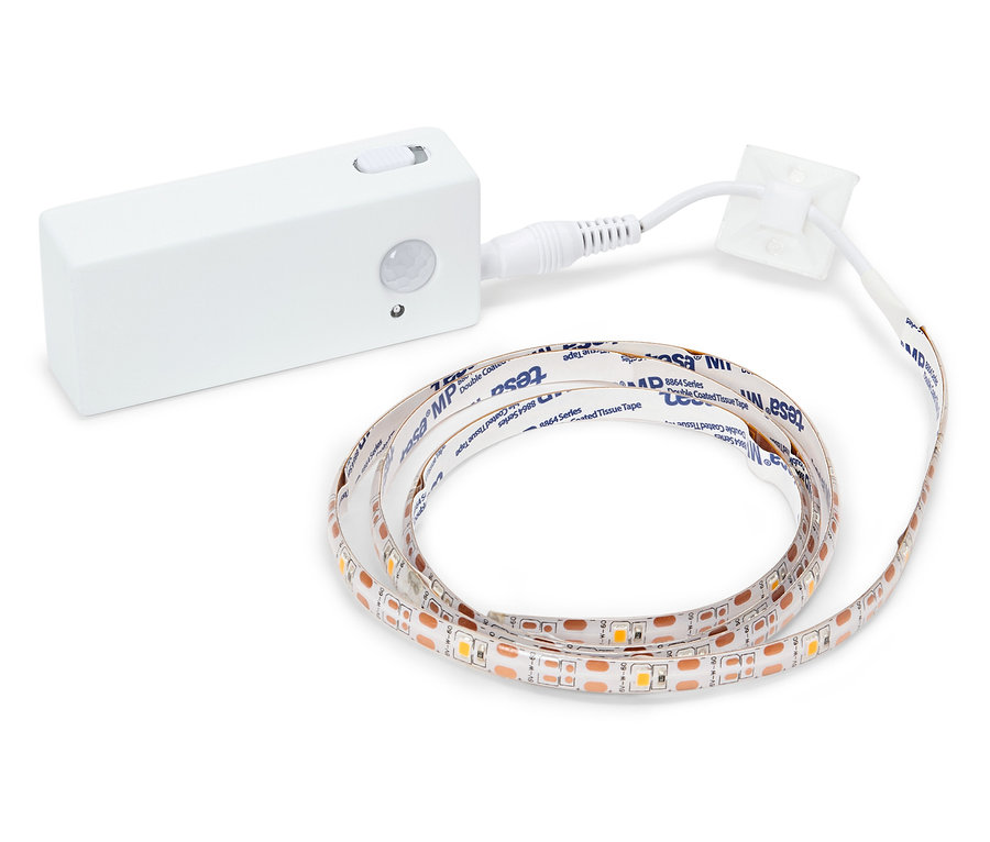 Fehér LED szalag vezérlővel és tápkábellel.