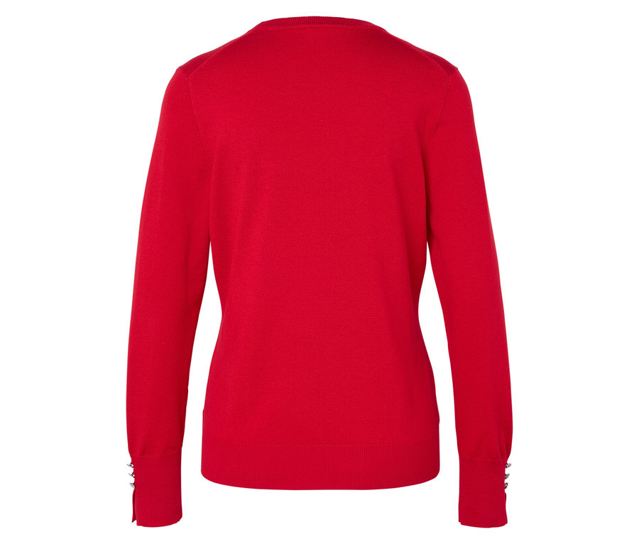 Hátulnézet egy piros, hosszú ujjú pulóverről.