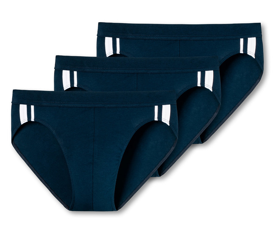 Három sötétkék SCHIESSER alsó, 3 db-os kiszerelésben, egymásra halmozva.