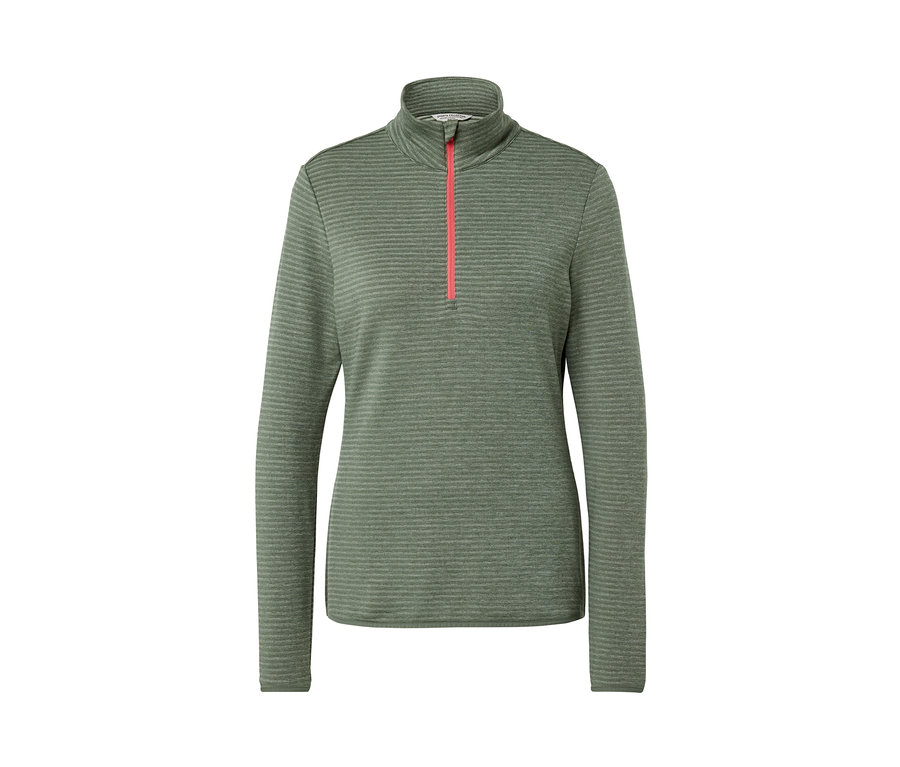 Egy zöld, hosszú ujjú, rövid cipzáras funkcionális felső.