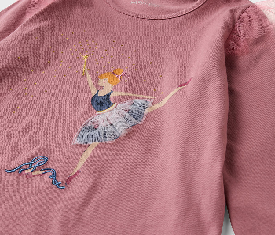 Rózsaszín, hosszú ujjú póló balerina nyomtatással.