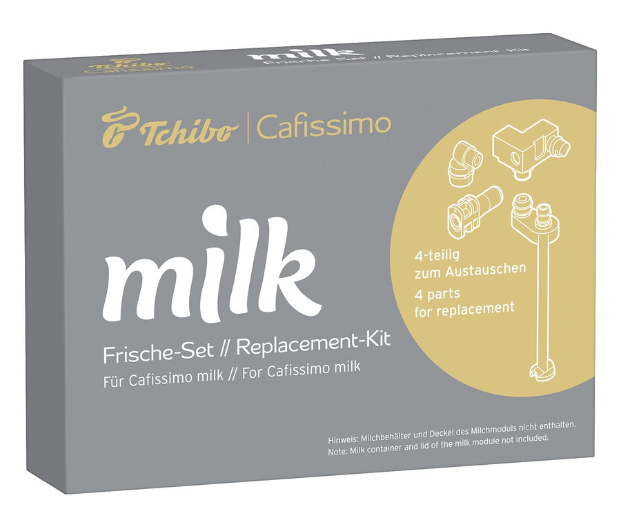 Szürke Cafissimo milk cserekészlet csomagolás, rajta a milk felirat és négy alkatrész illusztrációja.