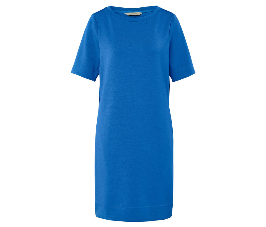 Egy kék, rövid ujjú ruha látható fehér háttér előtt.