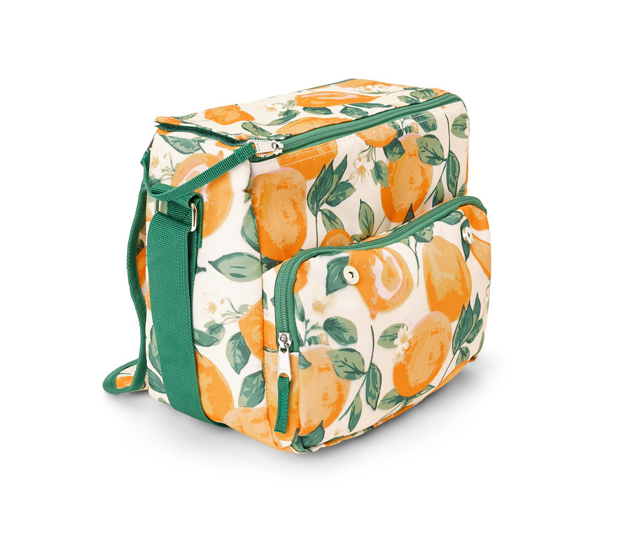 Citrus mintás mini hűtőtáska, zöld szegéllyel és pánttal.