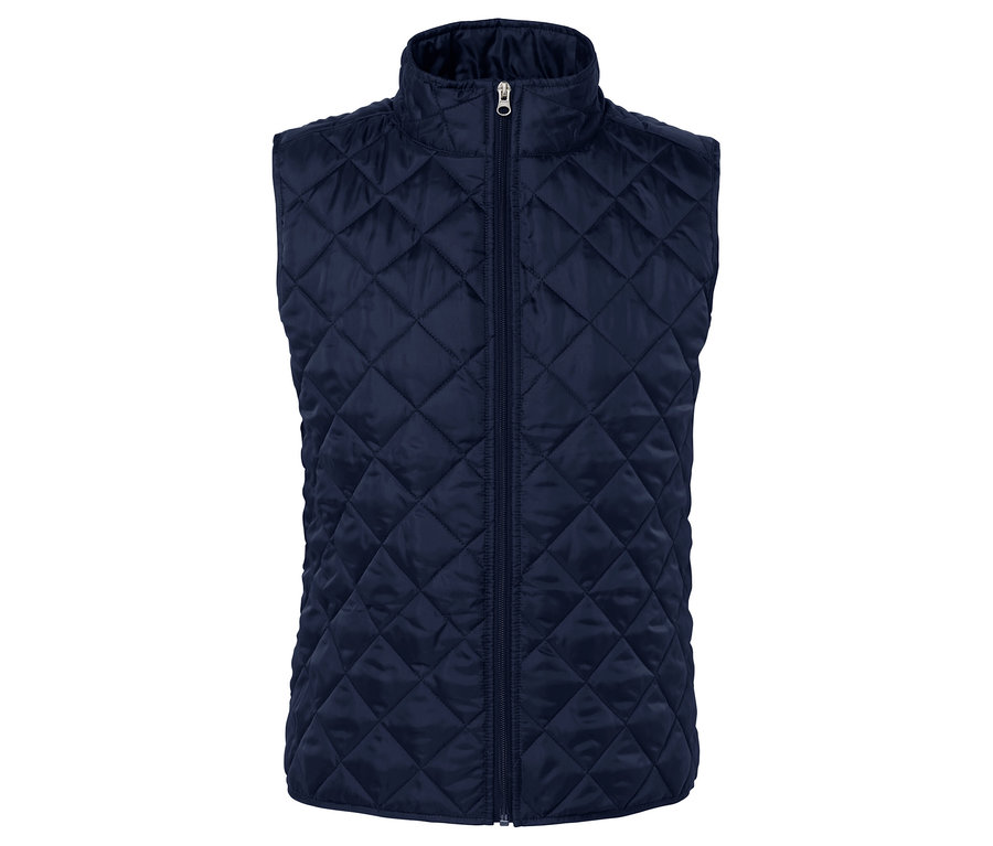 Sötétkék, steppelt mellény cipzárral középen.