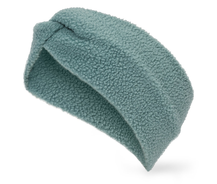 Kék, bolyhos fejpánt csomóval, fehér háttérrel.