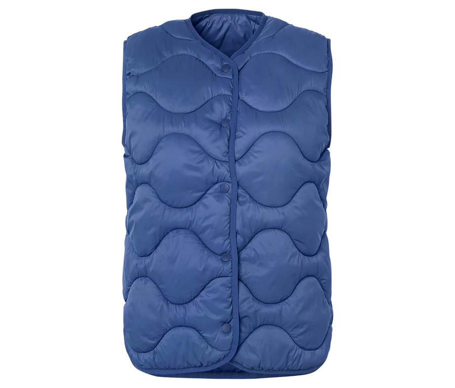 Kék, gombos, steppelt mellény.