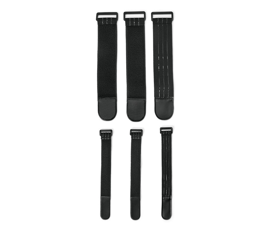 Hat fekete, rugalmas rögzítőheveder, 3 fent és 3 lent, fehér háttérrel.