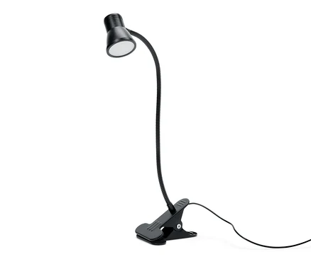 Fekete csíptetős LED-lámpa fehér háttérrel.