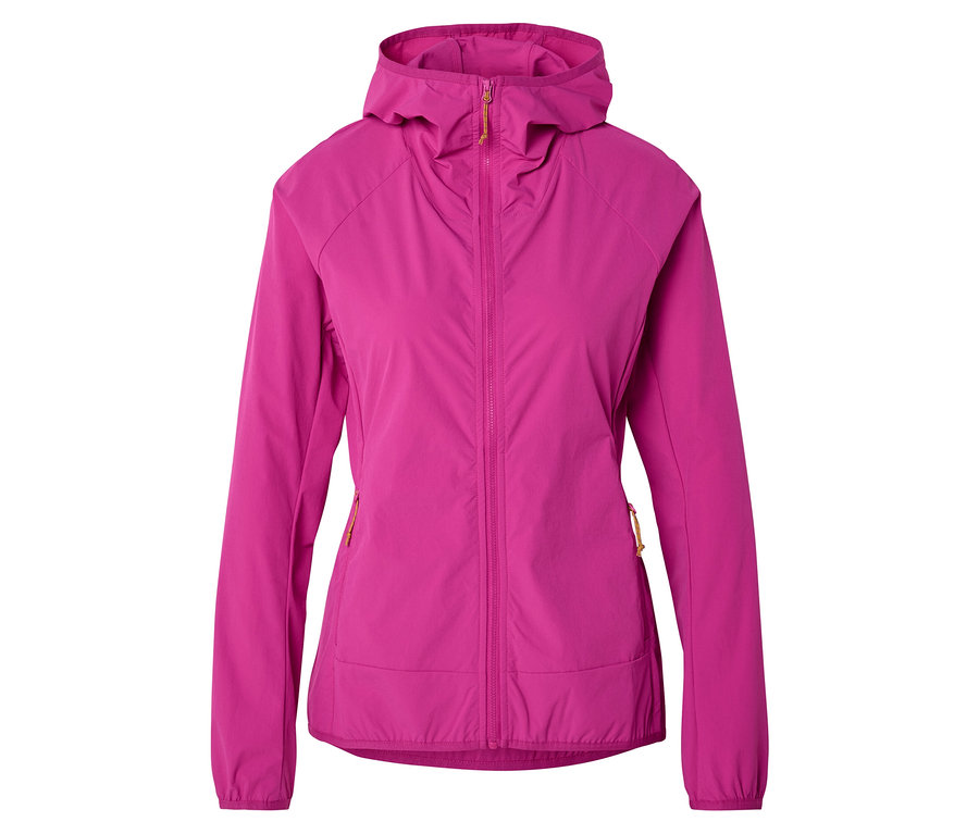 Rózsaszín, bélelt, kapucnis, cipzáras dzseki.